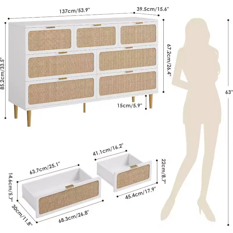 Rattan 7 Drawer Dressers for Bedroom, Tall Dresser with Deep Drawers, Large Chest of Drawers for Closet with Wide Top, Long Wooden Dresser