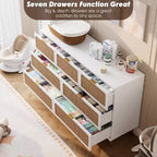 Rattan 7 Drawer Dressers for Bedroom, Tall Dresser with Deep Drawers, Large Chest of Drawers for Closet with Wide Top, Long Wooden Dresser