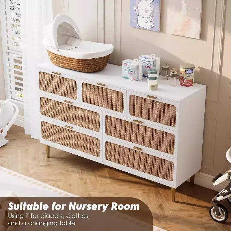 Rattan 7 Drawer Dressers for Bedroom, Tall Dresser with Deep Drawers, Large Chest of Drawers for Closet with Wide Top, Long Wooden Dresser