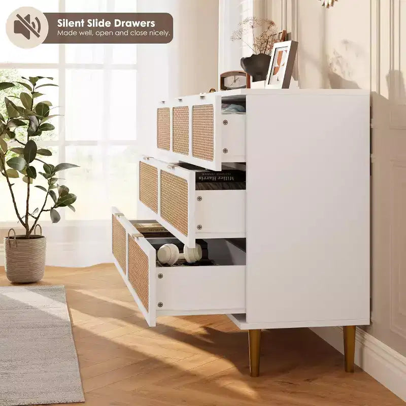 Rattan 7 Drawer Dressers for Bedroom, Tall Dresser with Deep Drawers, Large Chest of Drawers for Closet with Wide Top, Long Wooden Dresser