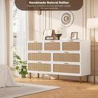 Rattan 7 Drawer Dressers for Bedroom, Tall Dresser with Deep Drawers, Large Chest of Drawers for Closet with Wide Top, Long Wooden Dresser