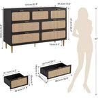 Rattan 7 Drawer Dressers for Bedroom, Tall Dresser with Deep Drawers, Large Chest of Drawers for Closet with Wide Top, Long Wooden Dresser