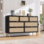 Rattan 7 Drawer Dressers for Bedroom, Tall Dresser with Deep Drawers, Large Chest of Drawers for Closet with Wide Top, Long Wooden Dresser