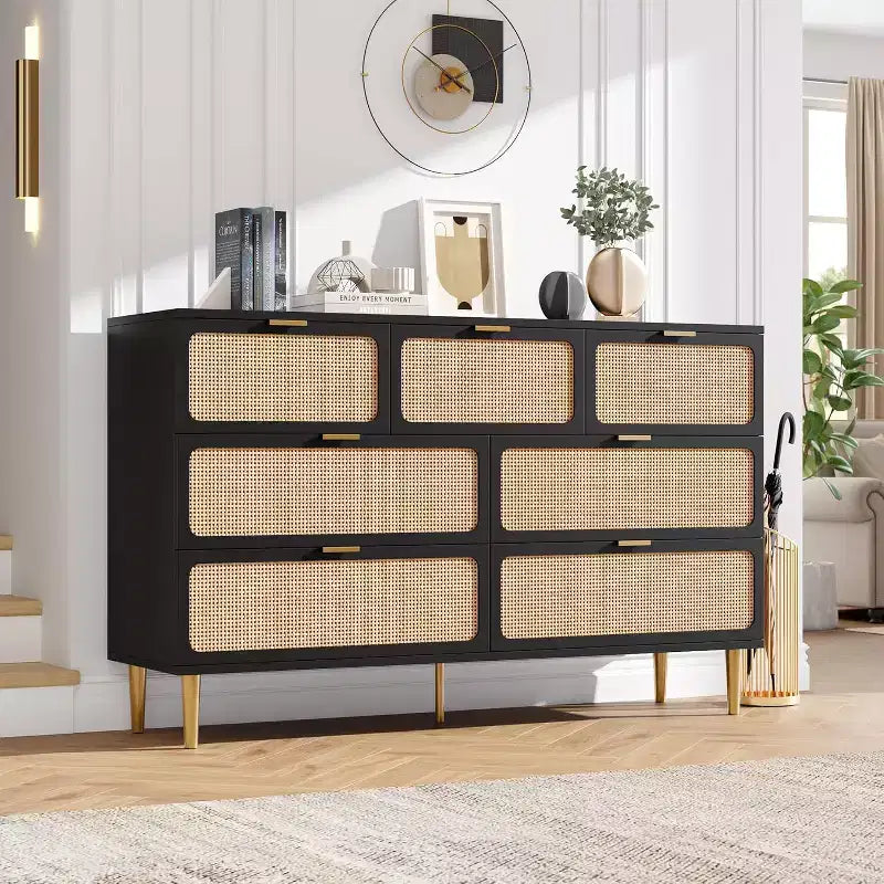 Rattan 7 Drawer Dressers for Bedroom, Tall Dresser with Deep Drawers, Large Chest of Drawers for Closet with Wide Top, Long Wooden Dresser