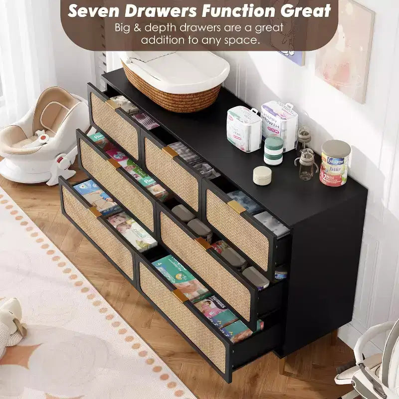 Rattan 7 Drawer Dressers for Bedroom, Tall Dresser with Deep Drawers, Large Chest of Drawers for Closet with Wide Top, Long Wooden Dresser