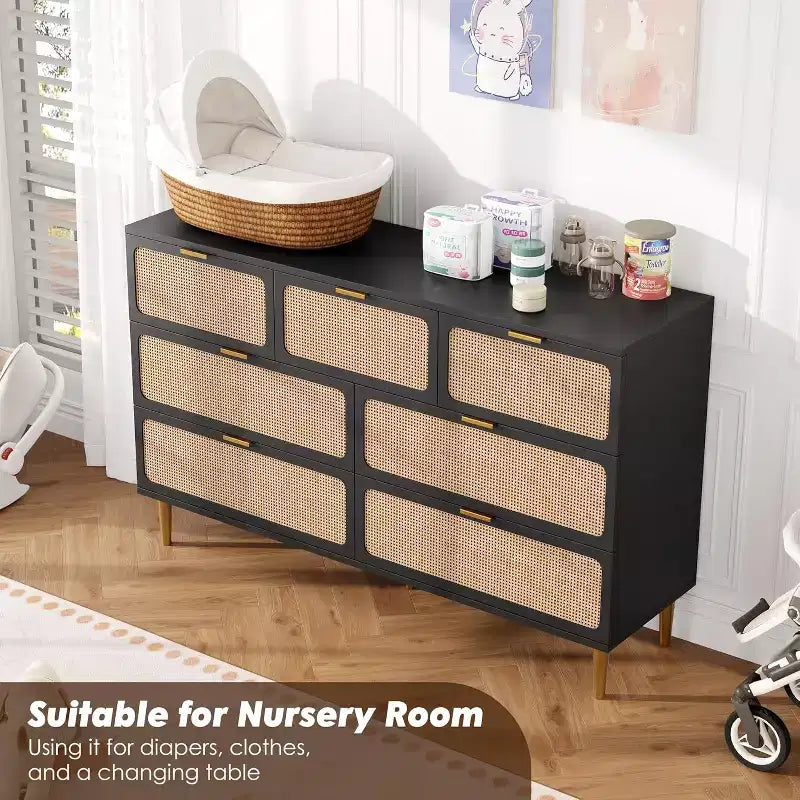 Rattan 7 Drawer Dressers for Bedroom, Tall Dresser with Deep Drawers, Large Chest of Drawers for Closet with Wide Top, Long Wooden Dresser