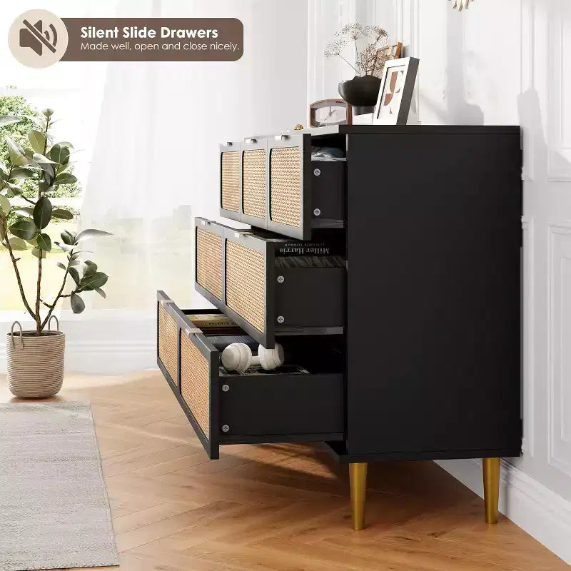 Rattan 7 Drawer Dressers for Bedroom, Tall Dresser with Deep Drawers, Large Chest of Drawers for Closet with Wide Top, Long Wooden Dresser