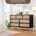 Rattan 7 Drawer Dressers for Bedroom, Tall Dresser with Deep Drawers, Large Chest of Drawers for Closet with Wide Top, Long Wooden Dresser