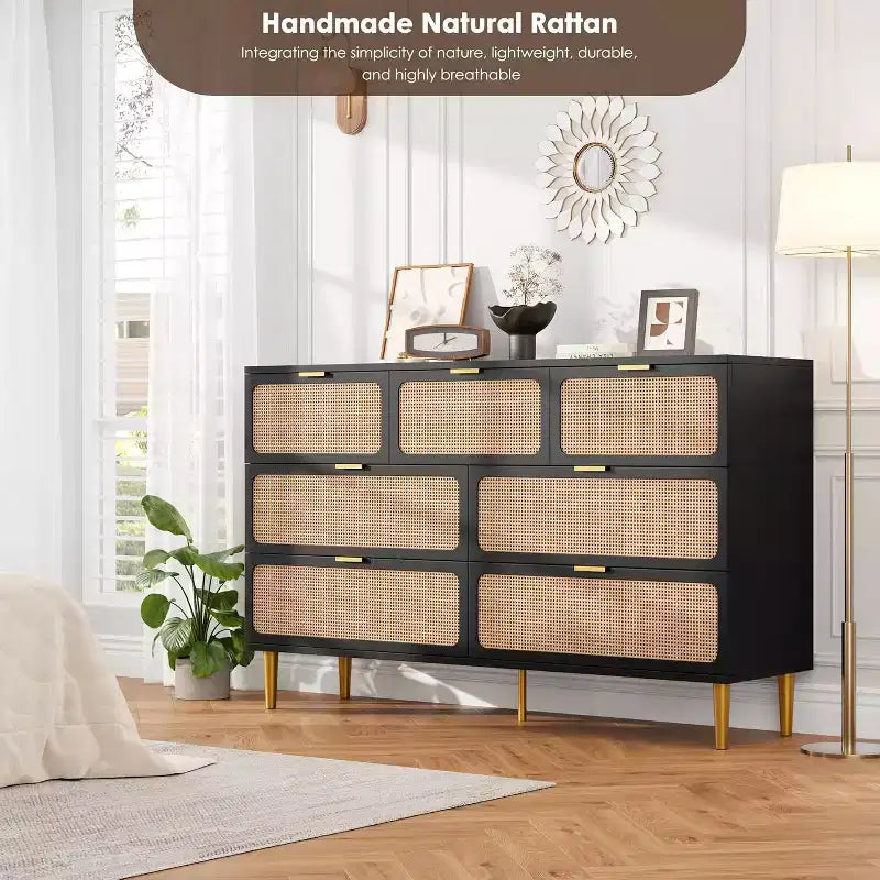 Rattan 7 Drawer Dressers for Bedroom, Tall Dresser with Deep Drawers, Large Chest of Drawers for Closet with Wide Top, Long Wooden Dresser