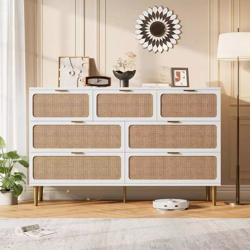 Rattan 7 Drawer Dressers for Bedroom, Tall Dresser with Deep Drawers, Large Chest of Drawers for Closet with Wide Top, Long Wooden Dresser