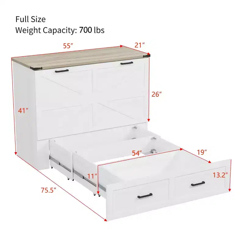 Fold-Out Murphy Cabinet Bed with Storage Drawer and Charging Station