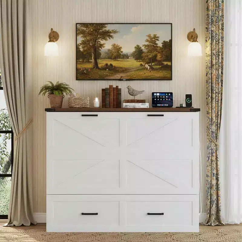 Fold-Out Murphy Cabinet Bed with Storage Drawer and Charging Station
