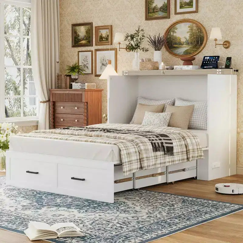 Fold-Out Murphy Cabinet Bed with Storage Drawer and Charging Station