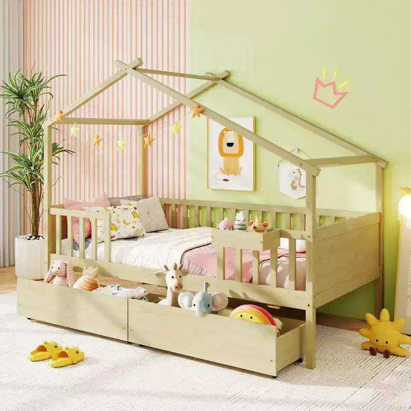 Twin House Bed w/ 2 Storage Drawers Roof & Fence Rails Headboard & Footboard