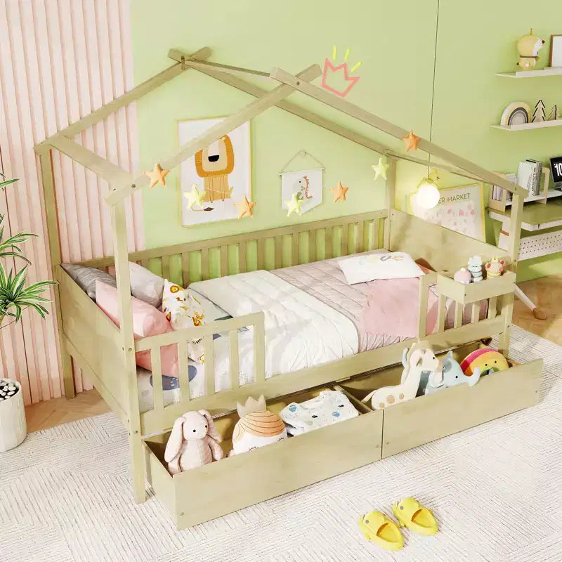 Twin House Bed w/ 2 Storage Drawers Roof & Fence Rails Headboard & Footboard