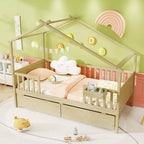 Twin House Bed w/ 2 Storage Drawers Roof & Fence Rails Headboard & Footboard