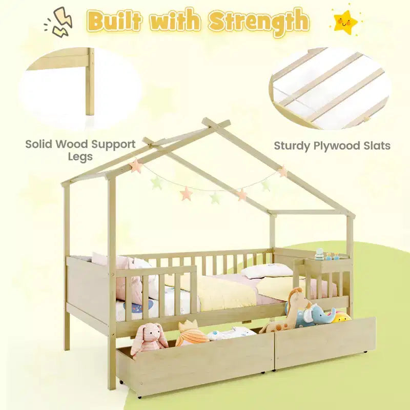 Twin House Bed w/ 2 Storage Drawers Roof & Fence Rails Headboard & Footboard