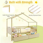 Twin House Bed w/ 2 Storage Drawers Roof & Fence Rails Headboard & Footboard