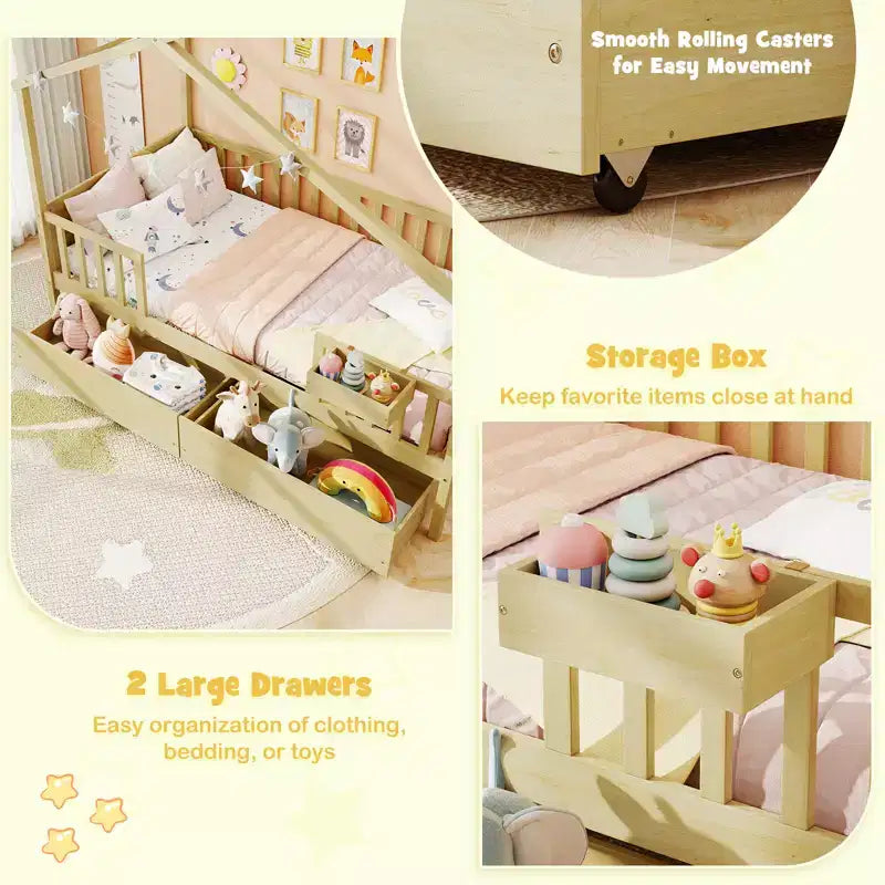Twin House Bed w/ 2 Storage Drawers Roof & Fence Rails Headboard & Footboard