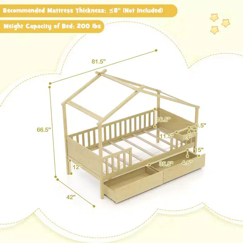 Twin House Bed w/ 2 Storage Drawers Roof & Fence Rails Headboard & Footboard