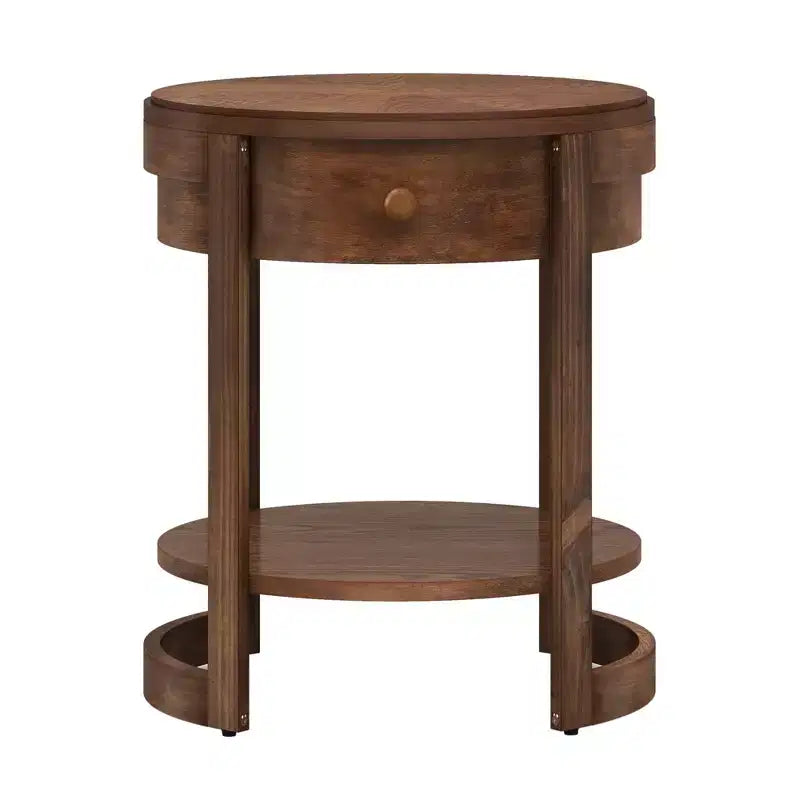 2-Tier Nightstand w/ Shelf & Wood Grains Drawer Round White/Brown