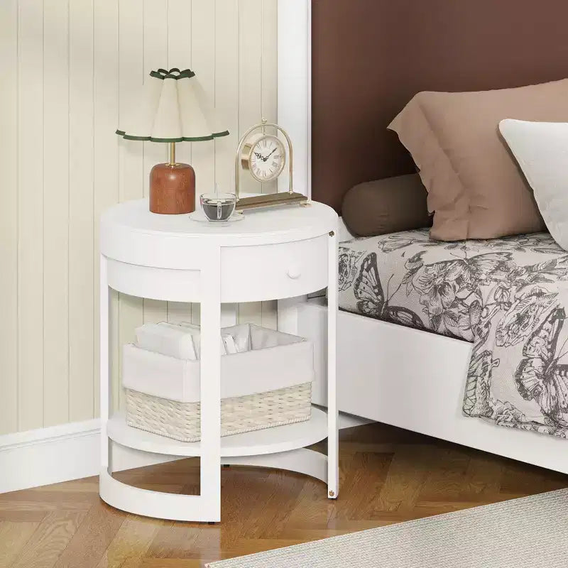 2-Tier Nightstand w/ Shelf & Wood Grains Drawer Round White/Brown