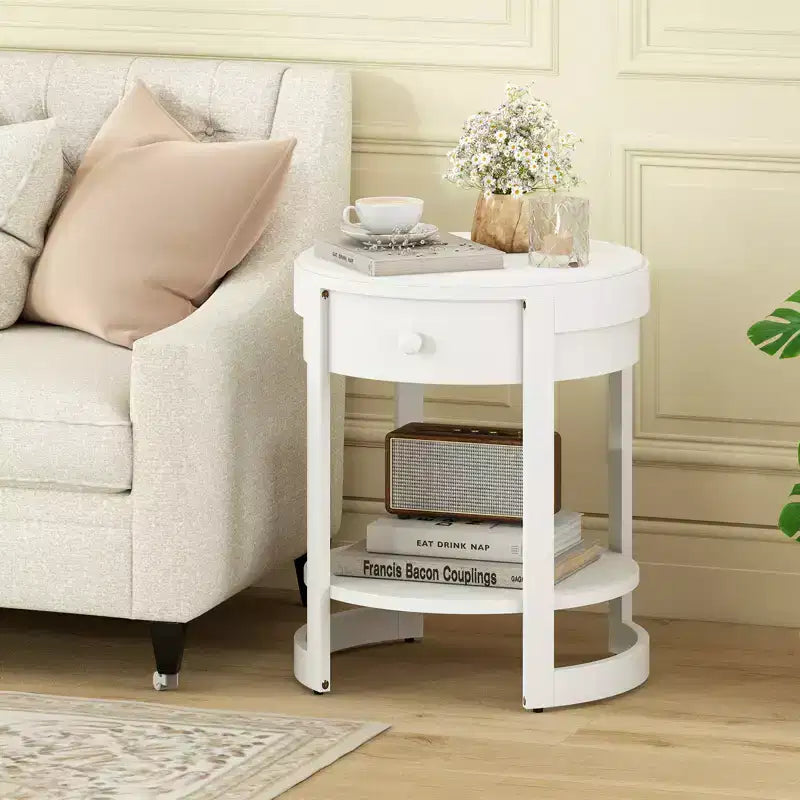 2-Tier Nightstand w/ Shelf & Wood Grains Drawer Round White/Brown