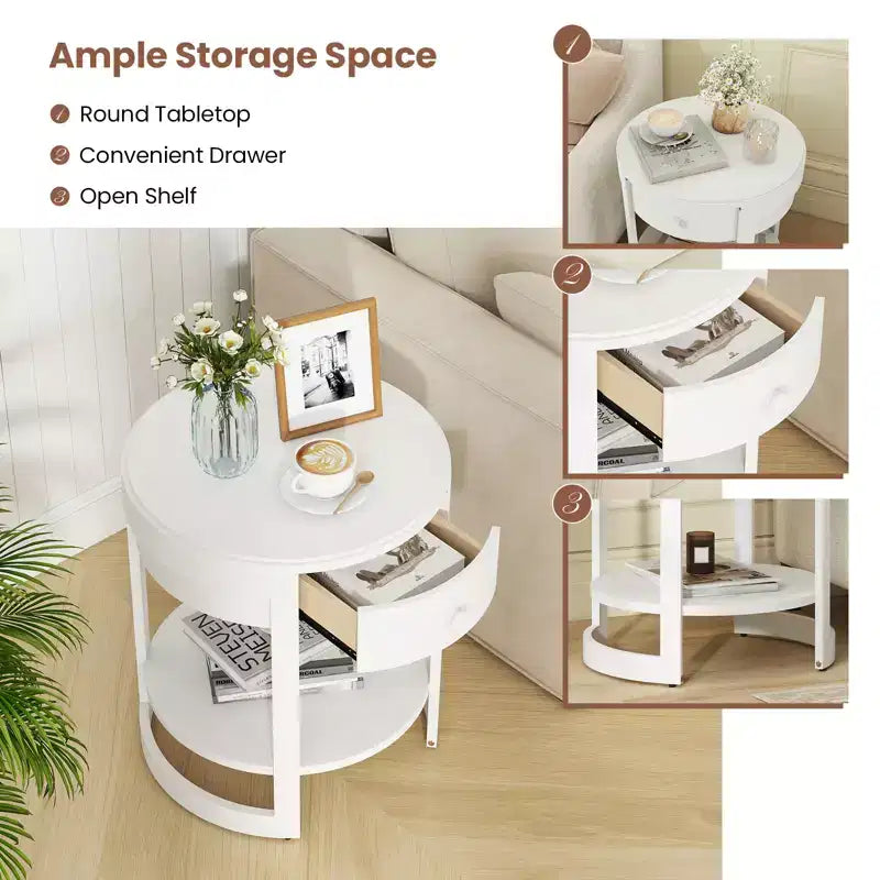 2-Tier Nightstand w/ Shelf & Wood Grains Drawer Round White/Brown