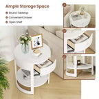 2-Tier Nightstand w/ Shelf & Wood Grains Drawer Round White/Brown