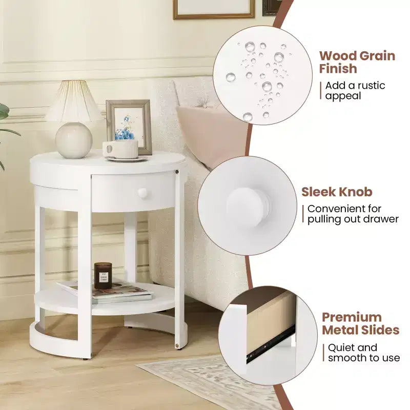 2-Tier Nightstand w/ Shelf & Wood Grains Drawer Round White/Brown