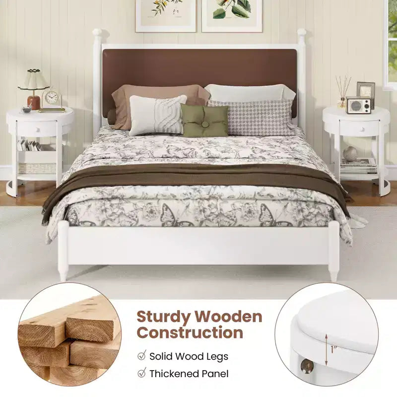 2-Tier Nightstand w/ Shelf & Wood Grains Drawer Round White/Brown