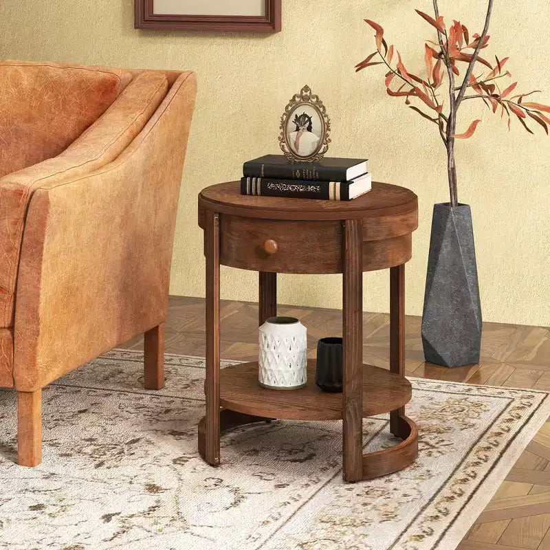 2-Tier Nightstand w/ Shelf & Wood Grains Drawer Round White/Brown