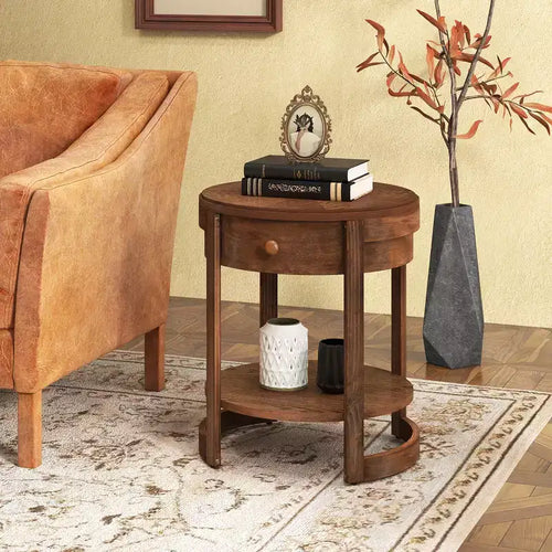 2-Tier Nightstand w/ Shelf & Wood Grains Drawer Round White/Brown