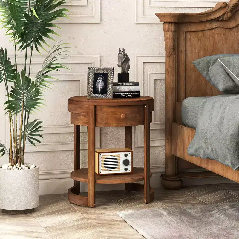 2-Tier Nightstand w/ Shelf & Wood Grains Drawer Round White/Brown