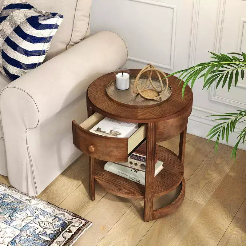 2-Tier Nightstand w/ Shelf & Wood Grains Drawer Round White/Brown