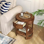 2-Tier Nightstand w/ Shelf & Wood Grains Drawer Round White/Brown