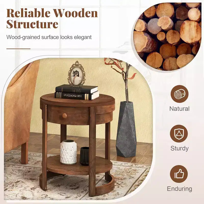 2-Tier Nightstand w/ Shelf & Wood Grains Drawer Round White/Brown