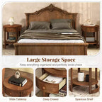 2-Tier Nightstand w/ Shelf & Wood Grains Drawer Round White/Brown