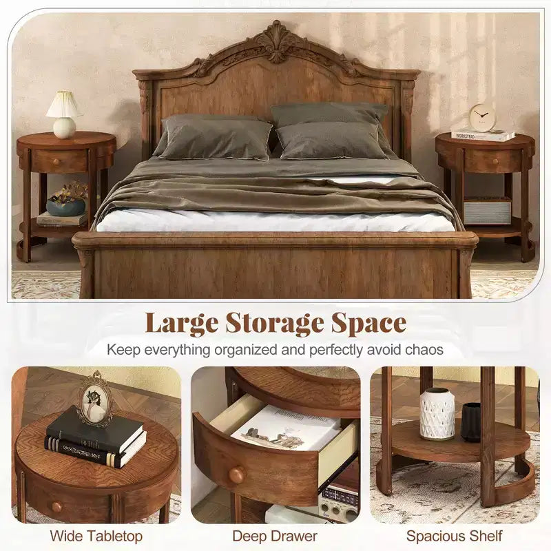 2-Tier Nightstand w/ Shelf & Wood Grains Drawer Round White/Brown