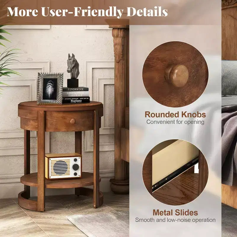 2-Tier Nightstand w/ Shelf & Wood Grains Drawer Round White/Brown