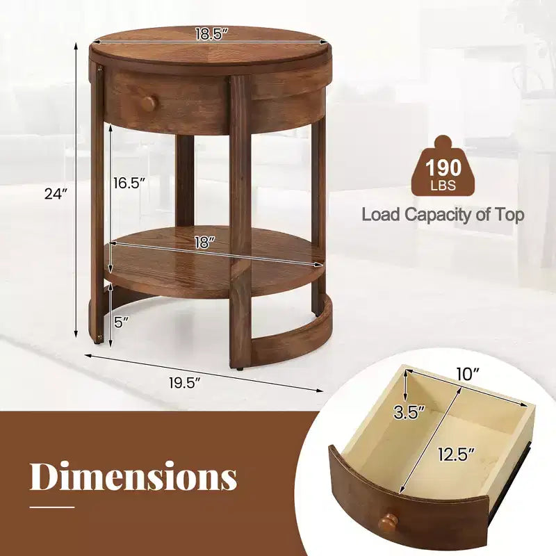 2-Tier Nightstand w/ Shelf & Wood Grains Drawer Round White/Brown