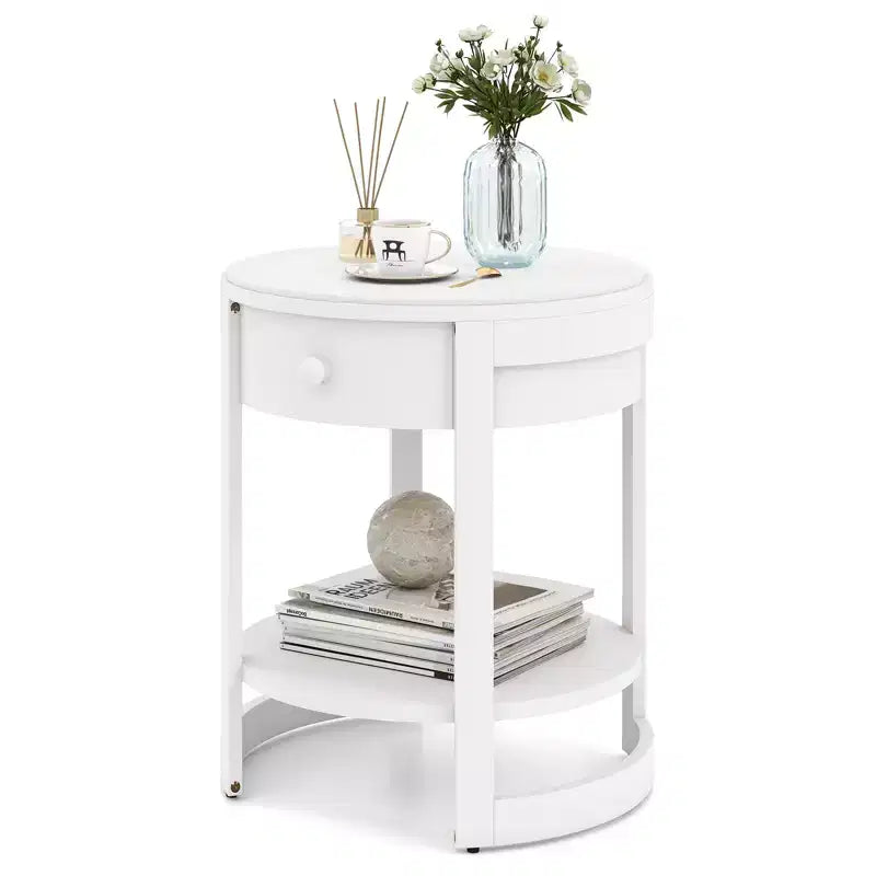 2-Tier Nightstand w/ Shelf & Wood Grains Drawer Round White/Brown