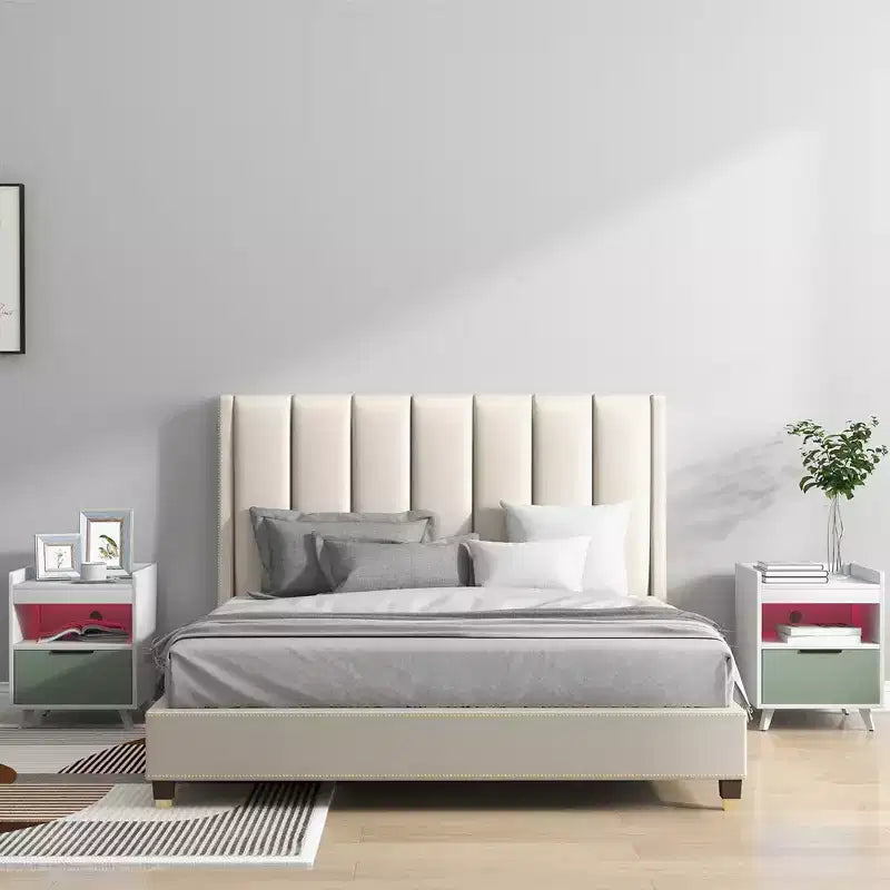 Nightstand Modern Beside End Table w/ LED Lights Open Compartment & Drawer