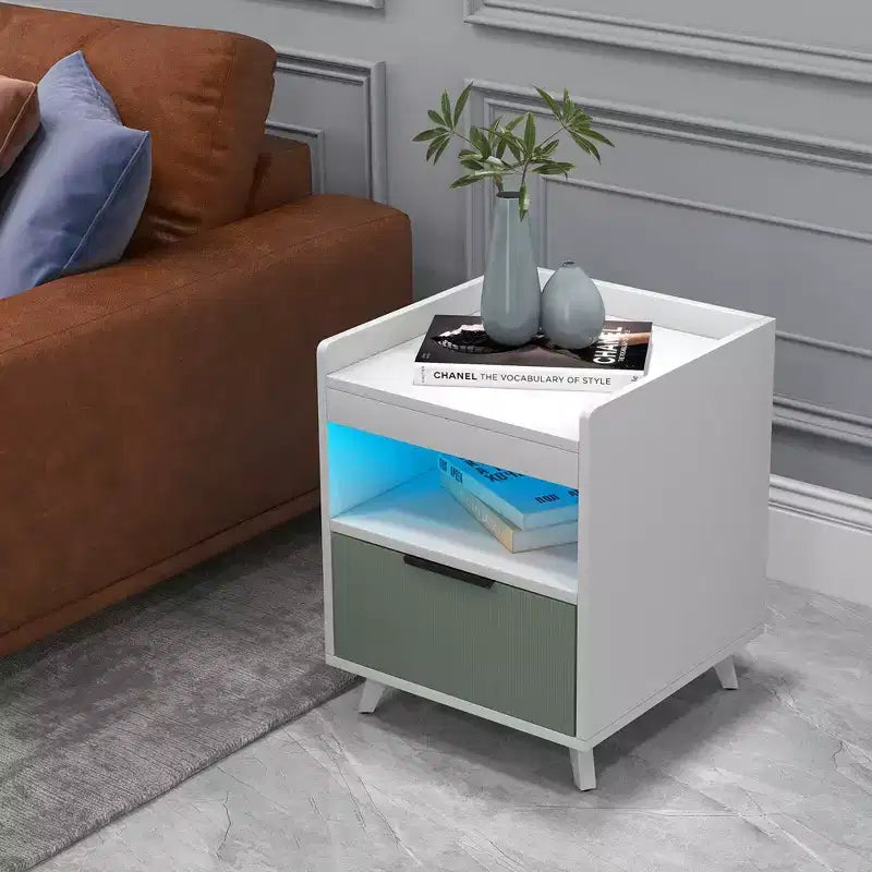 Nightstand Modern Beside End Table w/ LED Lights Open Compartment & Drawer