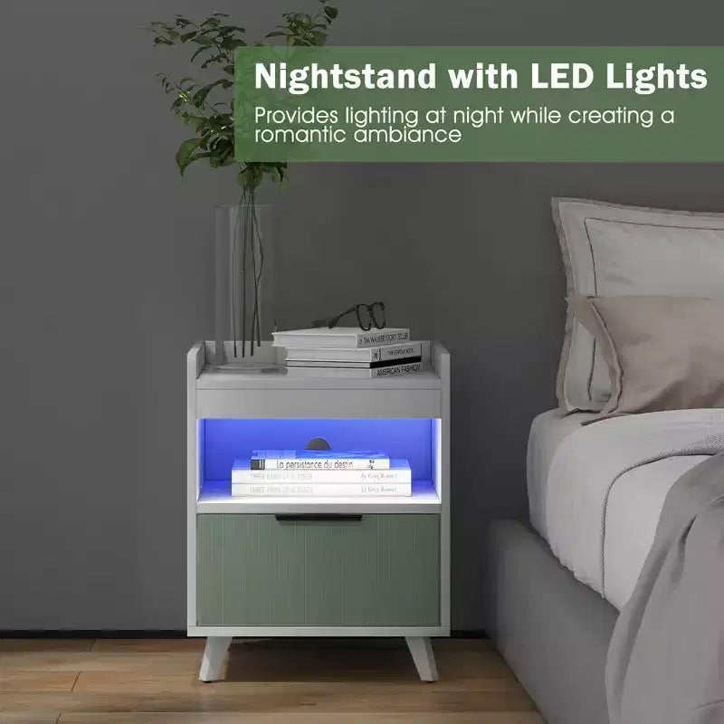 Nightstand Modern Beside End Table w/ LED Lights Open Compartment & Drawer
