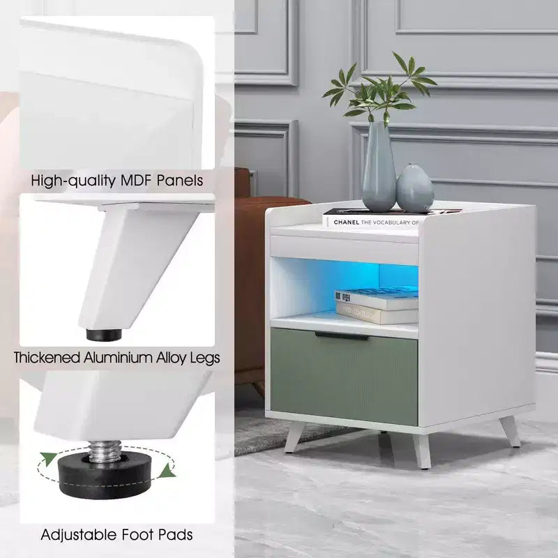 Nightstand Modern Beside End Table w/ LED Lights Open Compartment & Drawer