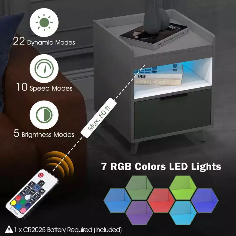Nightstand Modern Beside End Table w/ LED Lights Open Compartment & Drawer