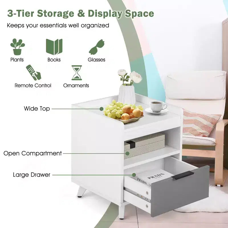Nightstand Modern Beside End Table w/ LED Lights Open Compartment & Drawer