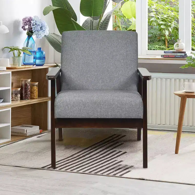 Wooden Upholstered Accent Chair Fabric Armchair Home Office