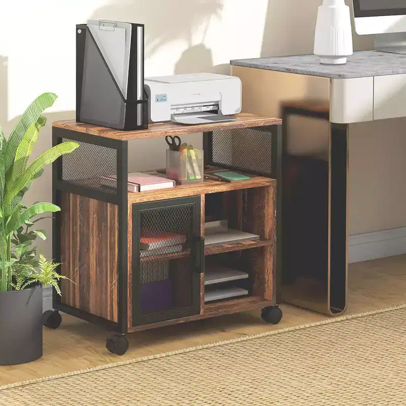 Printer Stand with Socket and USB Charging Ports, Industrial Mobile Printer Table with Storage and Wheels